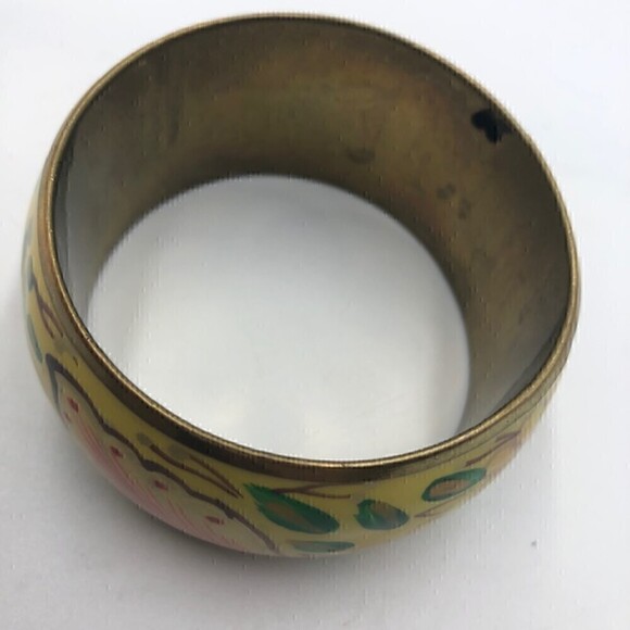 Vintage Women's Brass Floral Painted Bangle Bracelet Jewelry - Picture 6 of 13